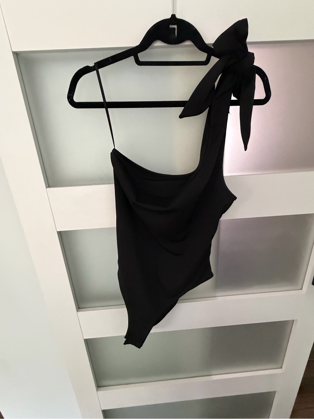 SHEIN Black One-Shoulder Bow Tie Bodysuit with Draped Front